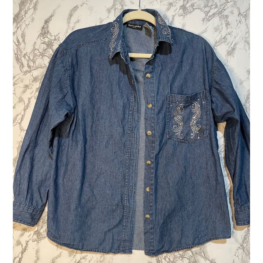Get Lucky Rhinestone Denim Shirt - Lion Design - Long Sleeves - Button Up Small